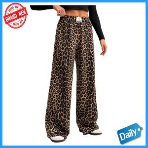 Leopard Print Wide Leg Pants Elastic Waist Casual Trousers